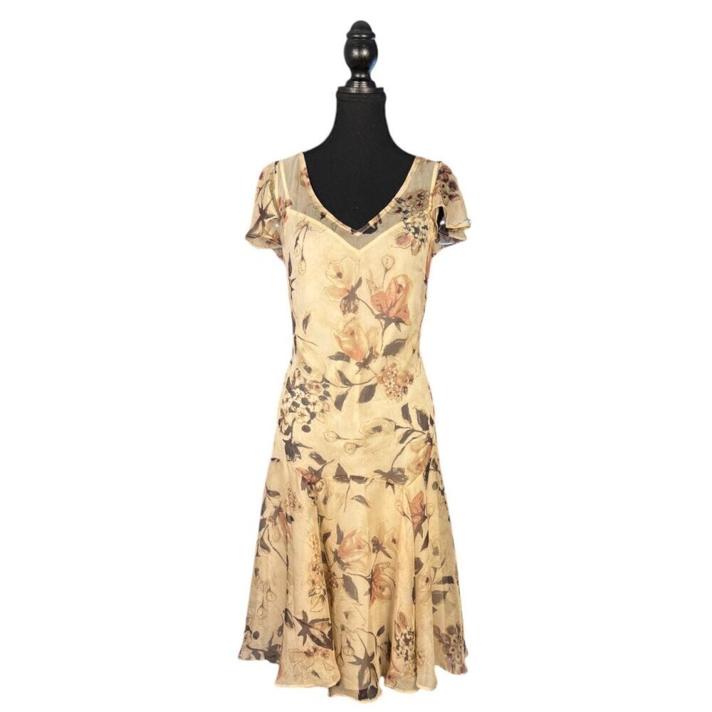 Vintage Ralph Lauren Neutral Elegant Floral Silk Dress, Size Small, Midi Dress